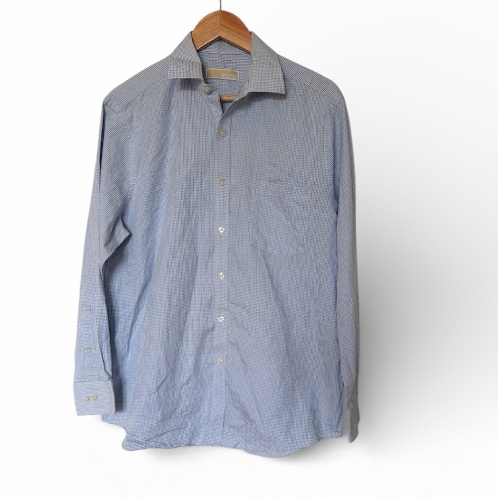 Michael Kors Shirt Mens 16.5 32/33 Slim Fit Blue Micro Check Button Down EUC